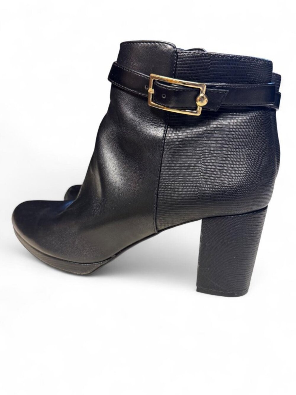 41 Hawthorn Black Leather Side Zip Buckle Ankle Booties, Size 11